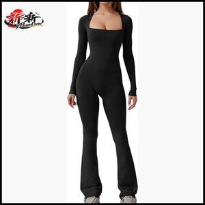 Nylon Spandex Long Sleeve Wide Leg Jumpsuit Square Neck Bodycon Fit